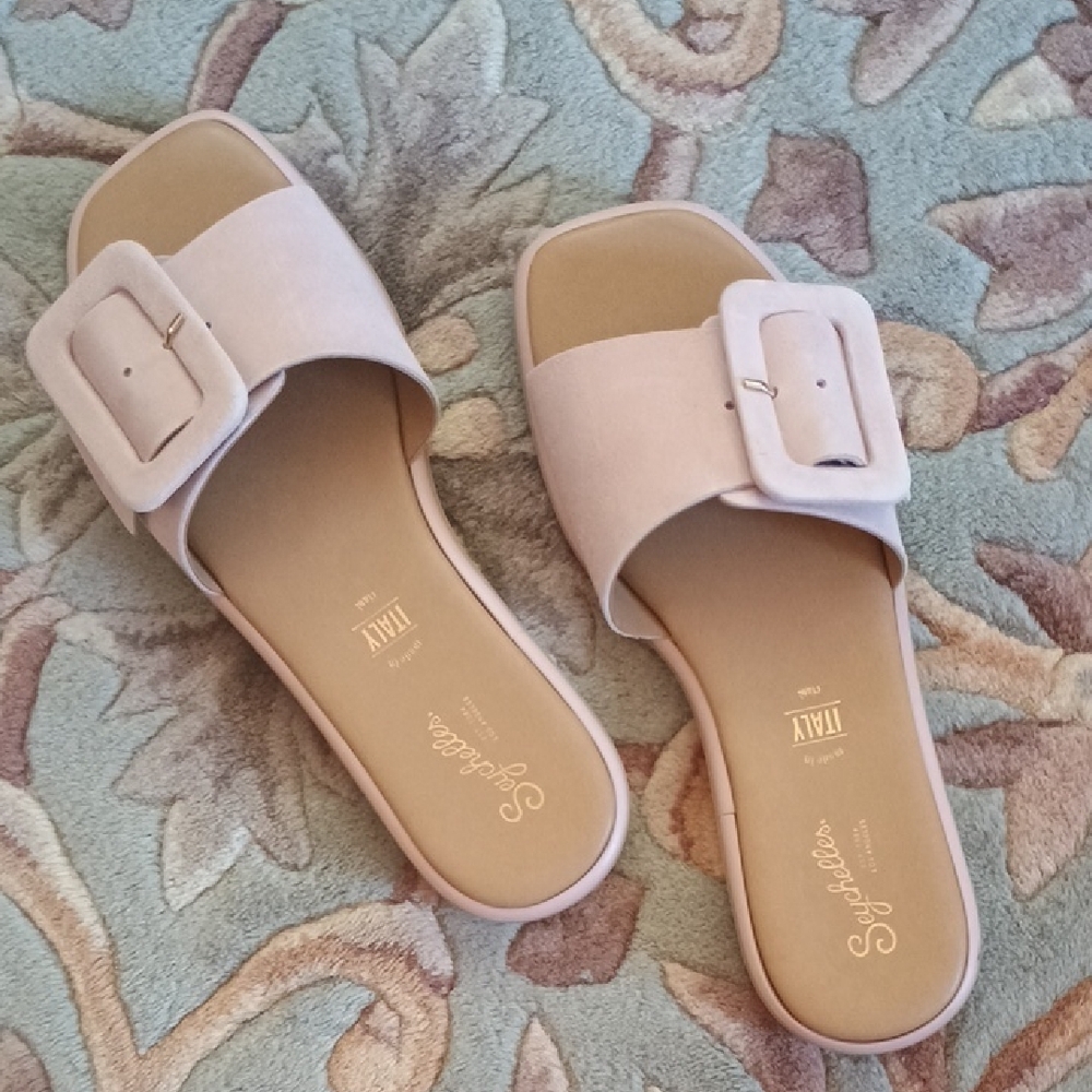 Seychelles Pink and Tan Suede Leather Slide Sandals with Decorative Buckle